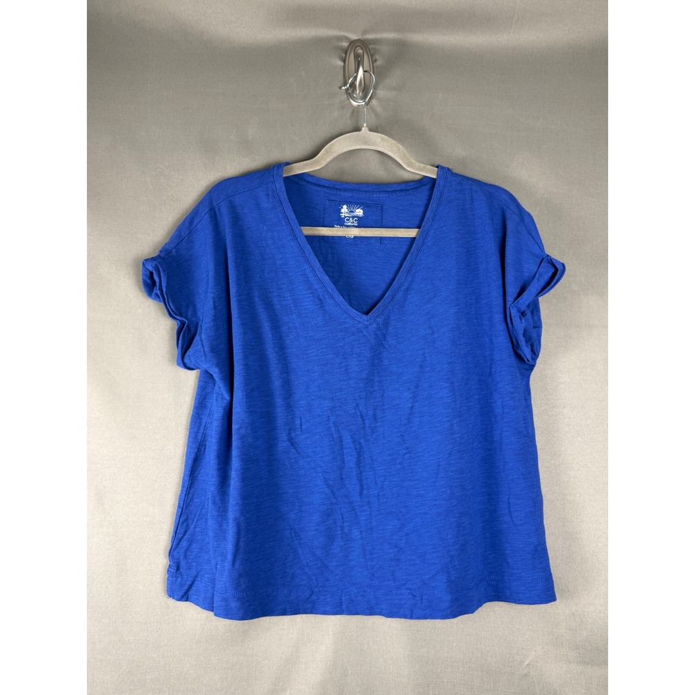 C&C California T-Shirt Womens Large Blue V-Neck Cuffed Sleeve Slub Knit Tee